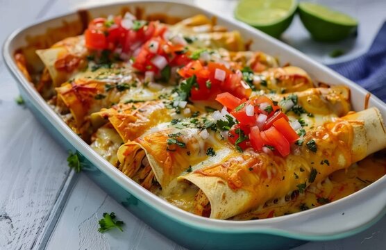 Enchilada dish filled with chicken cheese and salsa, mexican food background image