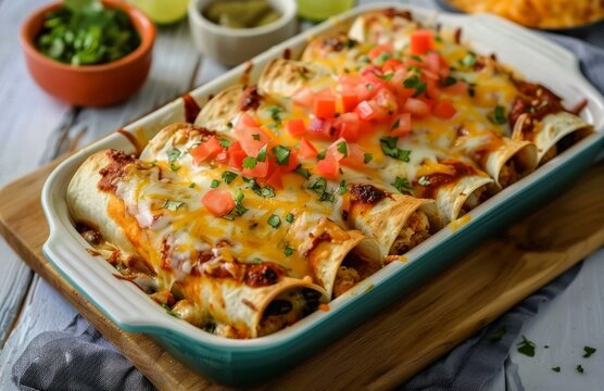 A tasty enchilada dish filled with chicken cheese and salsa, authentic mexican cuisine image