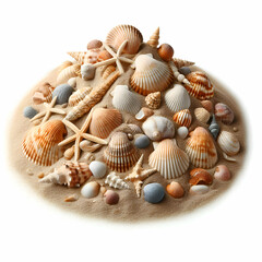 Fototapeta na wymiar Sea Shells in Sand Pile Isolated on White Background