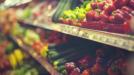 Supermarket aisle and Fresh vegetables on the shelf  - obrazy, fototapety, plakaty