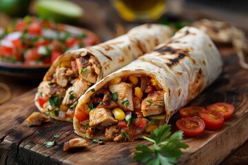 Two chicken burritos on a wooden board, mexican dishes picture