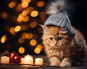 Charming Cat with a Hat in a New Year's Scene. Holiday concept of joy and happiness.