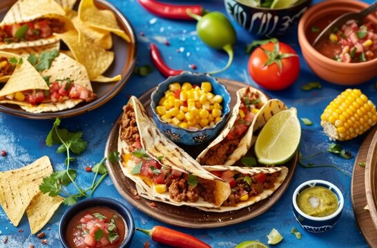 Mexican food on blue background with corn chips salsa, mexican dishes picture
