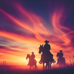 Silhouette of Three Cowboys Riding into the Sunset