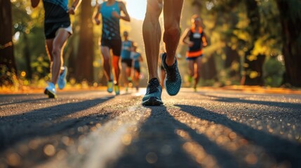 Group of marathon athlete training , the rhythmic beat of runners' feet on the road echoing their athletic determination. - obrazy, fototapety, plakaty