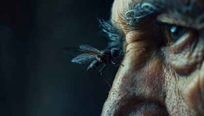 extreme close-up of a fly near the ear of an elderly man