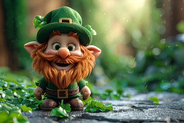 Saint Patrick's Day Celebration. An animated cartoon character wearing Leprechaun Green Shamrocks, St. Patrick's Day concept. 3d rendering. Happy holiday. - obrazy, fototapety, plakaty