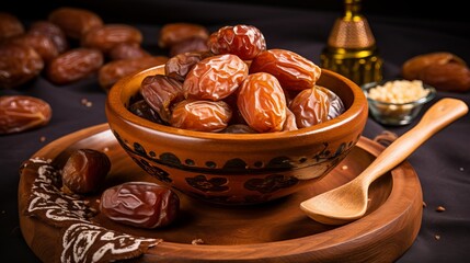 A bowl and wooden spoon full of palm-date fruits symbolizing Ramadan with turkish delights in the background.