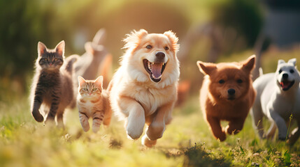 group of very cute dogs and cats walking together, group of cute animals walking towards the camera