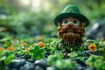 Saint Patrick's Day Celebration. An animated cartoon character wearing Leprechaun Green Shamrocks, St. Patrick's Day concept. 3d rendering. Happy holiday. - obrazy, fototapety, plakaty