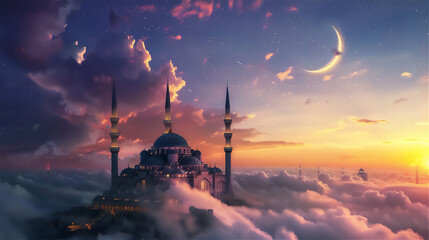 Mosque on the edge of rock cliff with sea of clouds at sunset  with crescent moon - obrazy, fototapety, plakaty