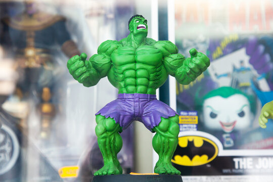 Motril, Spain- 17.09.2023: Plastic green Hulk toy stands close-up on a toy store window.