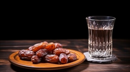 A glass of water and dry dates on saucer ready to eat for iftar time. Islamic religion and ramadan concept