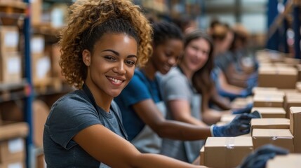 Obraz premium Volunteers pack and distribute food efficiently, donation center, helping disaster victims the poor and homeless.