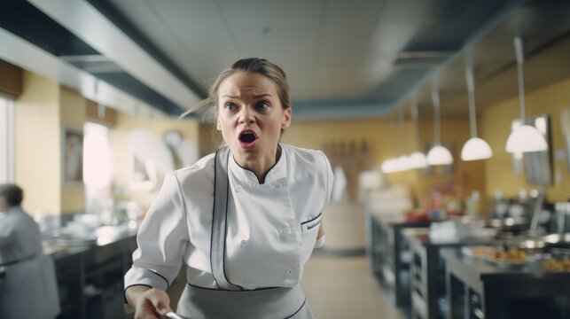 Angry female chef yelling in restaurant kitchen. Screaming cook