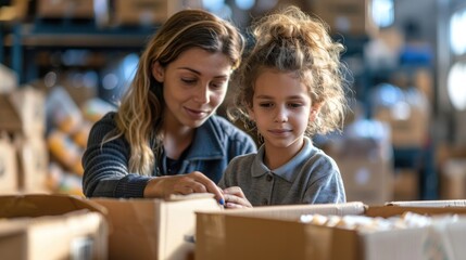 Volunteers pack and distribute food efficiently, donation center, helping disaster victims the poor and homeless.