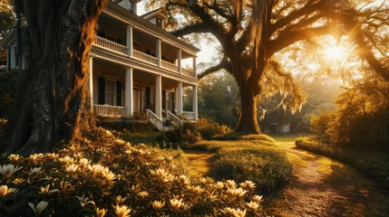 Foto auf Leinwand the beauty of a Southern Plantation home with a grand front porch and columns, surrounded by magnolia trees © Tina