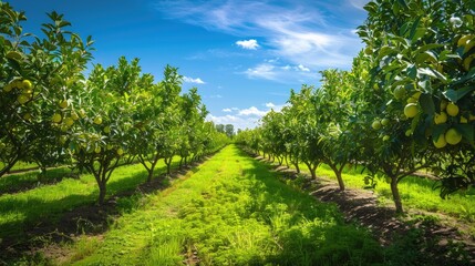 a scenic lemon orchard landscape with rows of Citrus x limon trees.