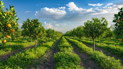 Fototapeta na wymiar a scenic lemon orchard landscape with rows of Citrus x limon trees.