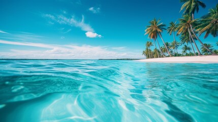 Fototapeta na wymiar Tropical paradise. palm trees, serene lagoon, and clear blue waters on relaxing island beach