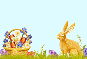 Horizontal illustration, Easter basket with flowers on grass, with Easter eggs, next to a golden-colored hare, on a blue background, space for text