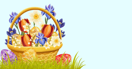 Easter horizontal card, basket with tulips, irises, daffodils, willow branches, standing on grass, Easter eggs around, space for text, festive illustration, on lilac background