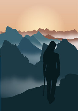 illustration of a woman silhouette on the top of a mountain. majestic mountain peaks. mountains with mist. sunrise over the mountains - Stock vector