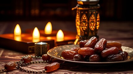 Close up of an arabic dates, lantern and rosary - obrazy, fototapety, plakaty