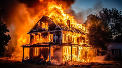 A wooden house or barn ablaze in the darkness of night - obrazy, fototapety, plakaty