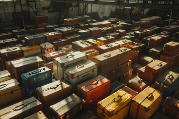Spacious room densely packed with numerous suitcases of various sizes and colors. The suitcases are stacked on top of each other. Generative AI