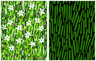 Trendy Floral Irregular Seamless Vector Pattern with Tiny White Flowers and Green Leaves on a Dark Green Background. Infantile Style Abstract Garden Pattern. Hand Drawn Geometric Endless Print. RGB.
