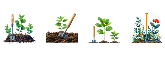 Garden hoe, soil cultivation, gardening equipment clipart vector illustration set - obrazy, fototapety, plakaty