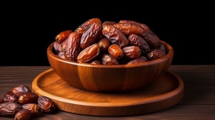 Obraz premium Dates or dattes palm fruit in wooden bowl is snack healthy