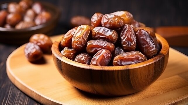 Dates or dattes palm fruit in wooden bowl is snack healthy