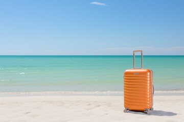 Vibrant modern suitcase on beach, travel and tourism concept, adventure and relaxation