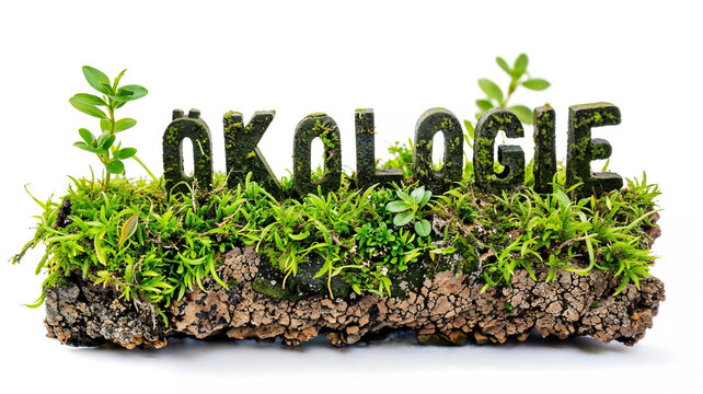Wort Ökologie in großen, dreidimensionalen Buchstaben. Die Buchstaben sind mit Moos und kleinen Grünpflanzen bedeckt, was ihnen ein natürliches und organisches Aussehen verleiht.