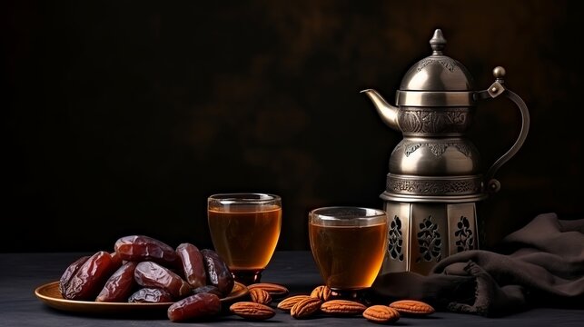 Eid mubarak with arabic coffee pot and dates. Dried dates and coffee on a dark background. Ramadan, Eid concept
