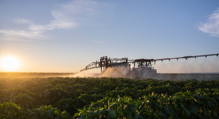 Tractor spraying pesticides on vegetable field with sprayer