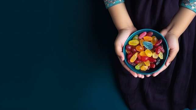Holding bowl of candies,  top view image of woman and child hand holding bowl of candies. Isolated dark blue background, copy space. Ramadan feast celebration concept idea. Greetings banner