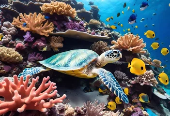 Gordijnen coral reef with turtle © rabia