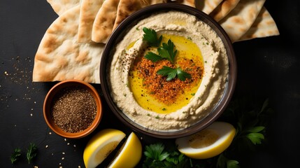Middle eastern, arabic traditional breakfast with hummus, foul, white cheese and zaatar. Top view  with copy space - obrazy, fototapety, plakaty