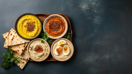 Middle eastern, arabic traditional breakfast with hummus, foul, white cheese and zaatar. Top view  with copy space