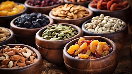 Mix of dried fruits and nuts in wooden bowls closeup