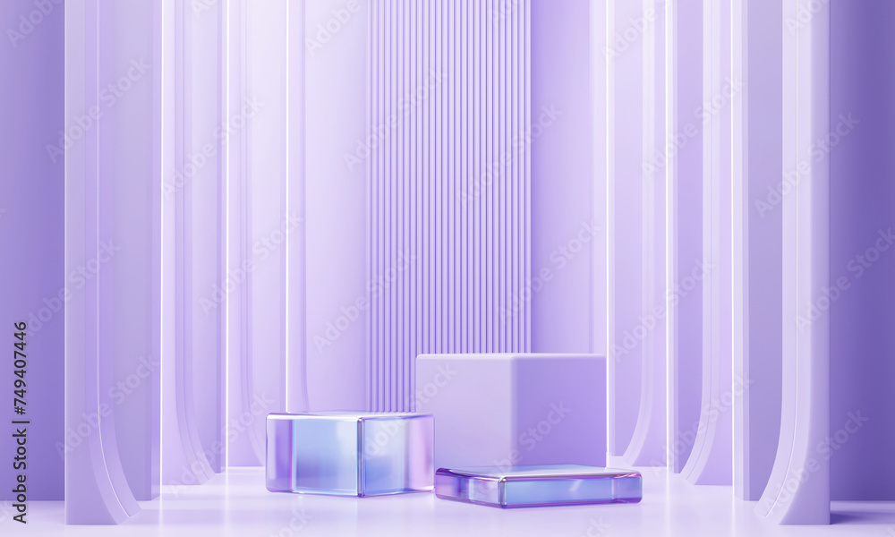 Poster violet stage platform with neon light for product display 3d rendering