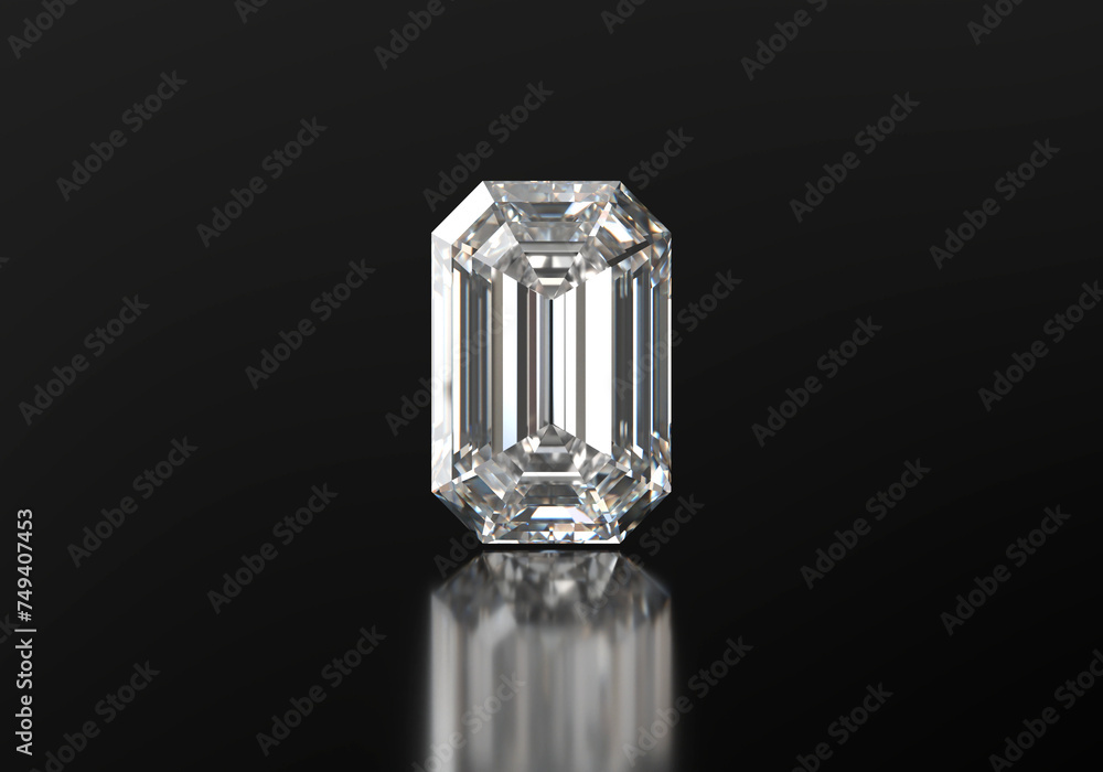 Poster emerald shape diamonds placed on glossy background 3d rendering