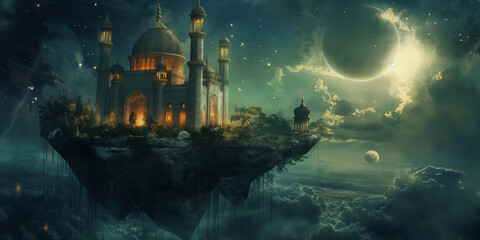 Mosque on the edge of rock cliff in universe with surrealism style illustration  - obrazy, fototapety, plakaty