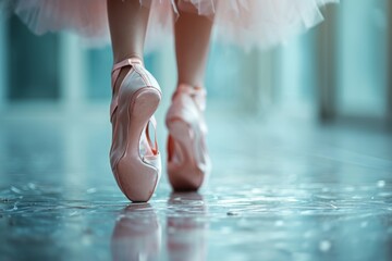 Tiptoe walking forward in pink ballet slippers