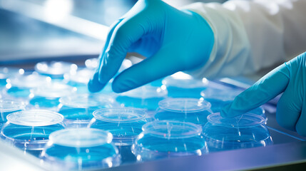Close-up of the hands of a scientist in blue gloves in a laboratory, working on petri dishes
