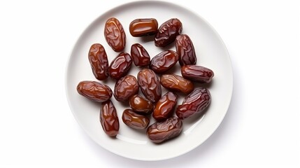 Plate of pitted dates isolated on white background. Top view