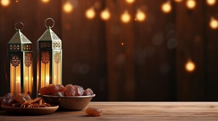 Ramadan concept. Dates close-up in the foreground. Ramadan Lanterns and a bowl of date on a wooden table. wall background. Space for text on the right. iftar concept image.Ramadan kareem 3d image.